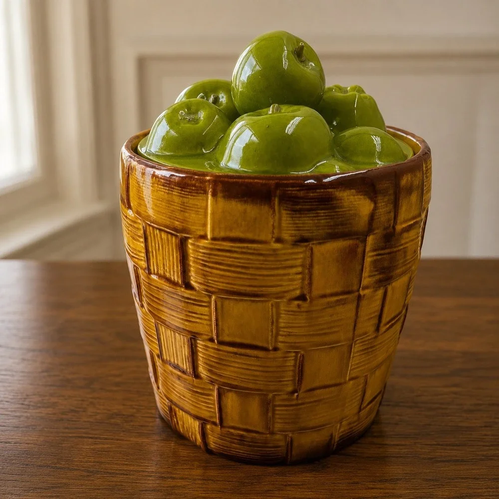 Vintage Doranne California J-210 Ceramic Apple Basket Cookie Jar Avocado Green